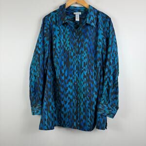 Catherines Top Women 1X Blue Black Printed Long Sleeve Button-Up Mature Career
